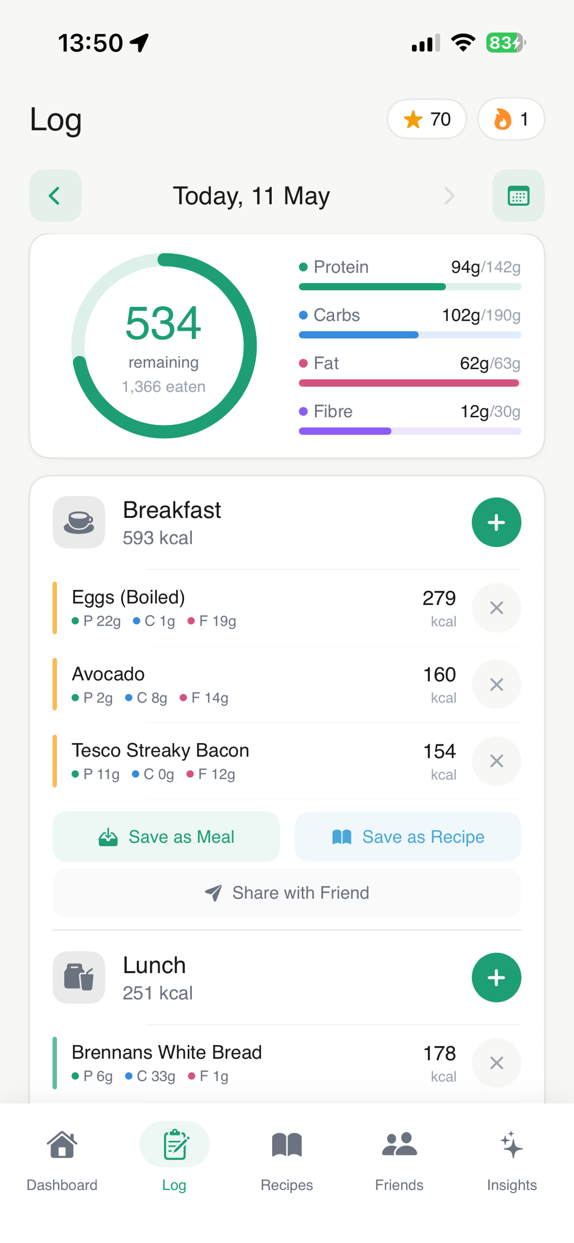 Grub Food Log — daily meals with macro breakdown